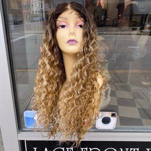 Ombre Blonde 28" Long Curly Invisible Lace Free Part Wig